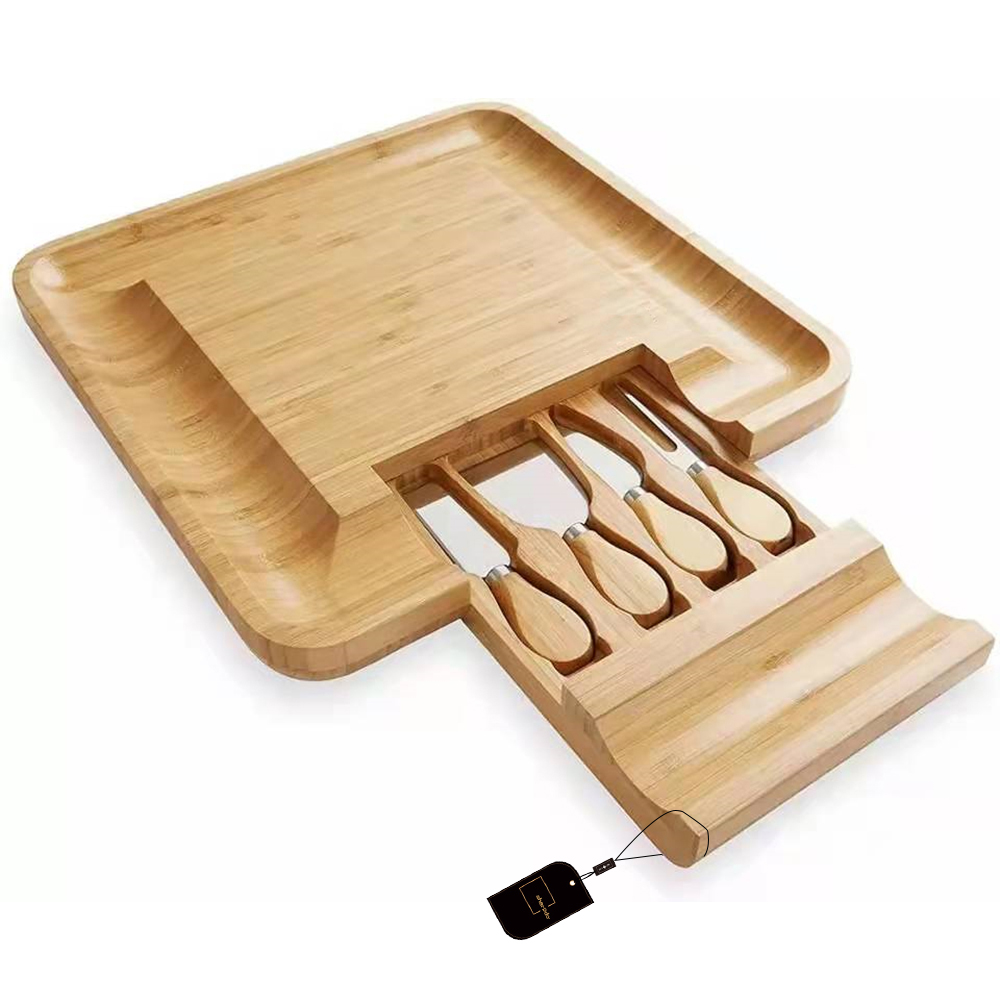 Bamboo Cheese Board Cutter Set Slide-out Drawer Serving Platter Tray Cutting Board for Cheese Fruit Vegetable Kitchen Storage