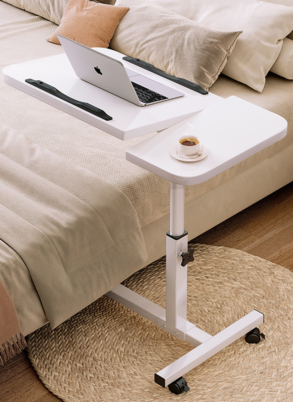 Multifunctional Home Bedroom Bedside Movable Writing Desk, Foldable and Liftable Side Table with Double Card Slots
