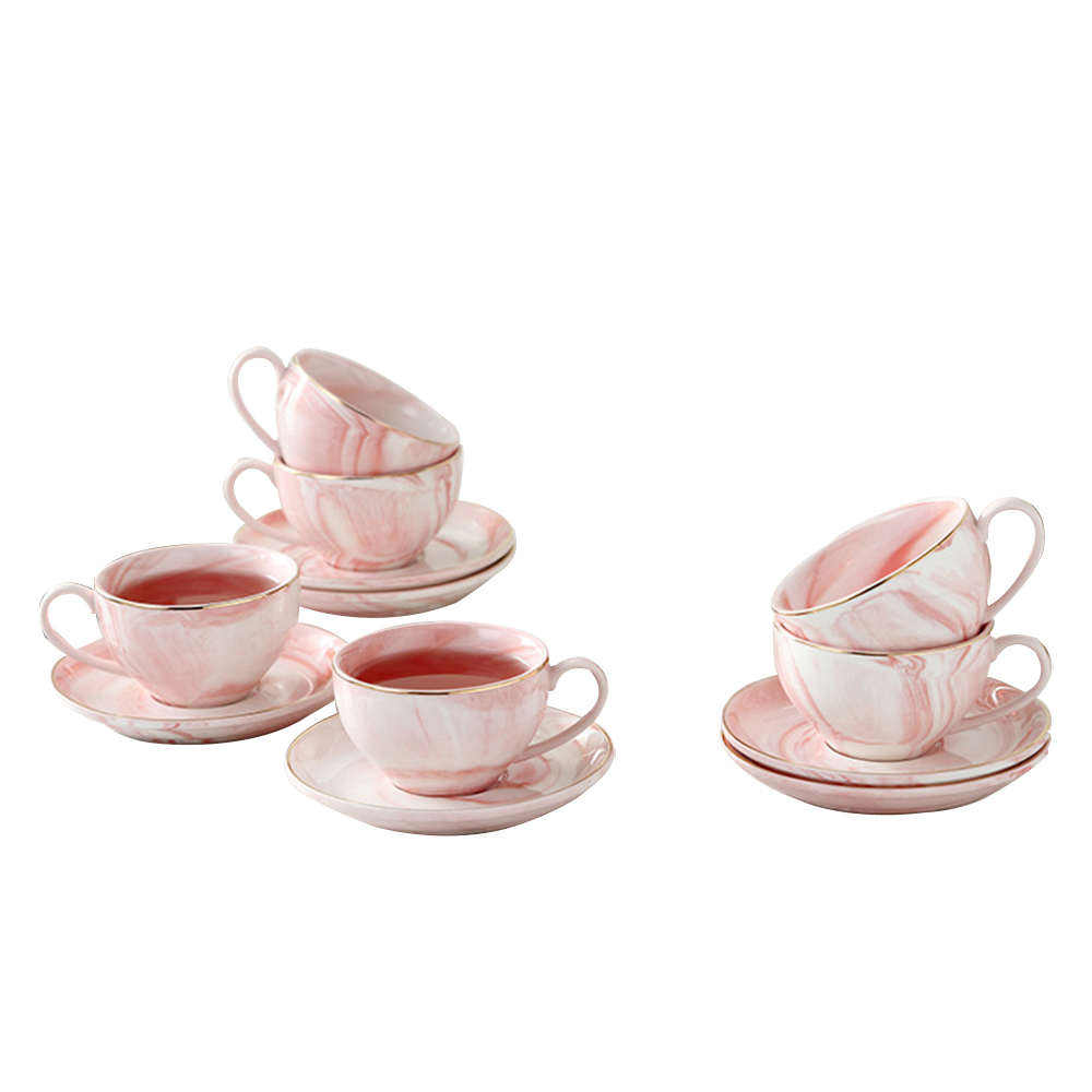 6-Piece Pink Marble Design Coffee Cups And Saucers Set