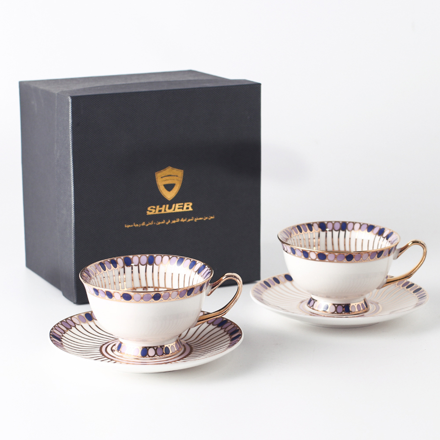 2 Sets Balloon Gold Thread Coffee Cup And Coffee Dish (Gold Handle) 220 mL (5 Colors To Choose From)