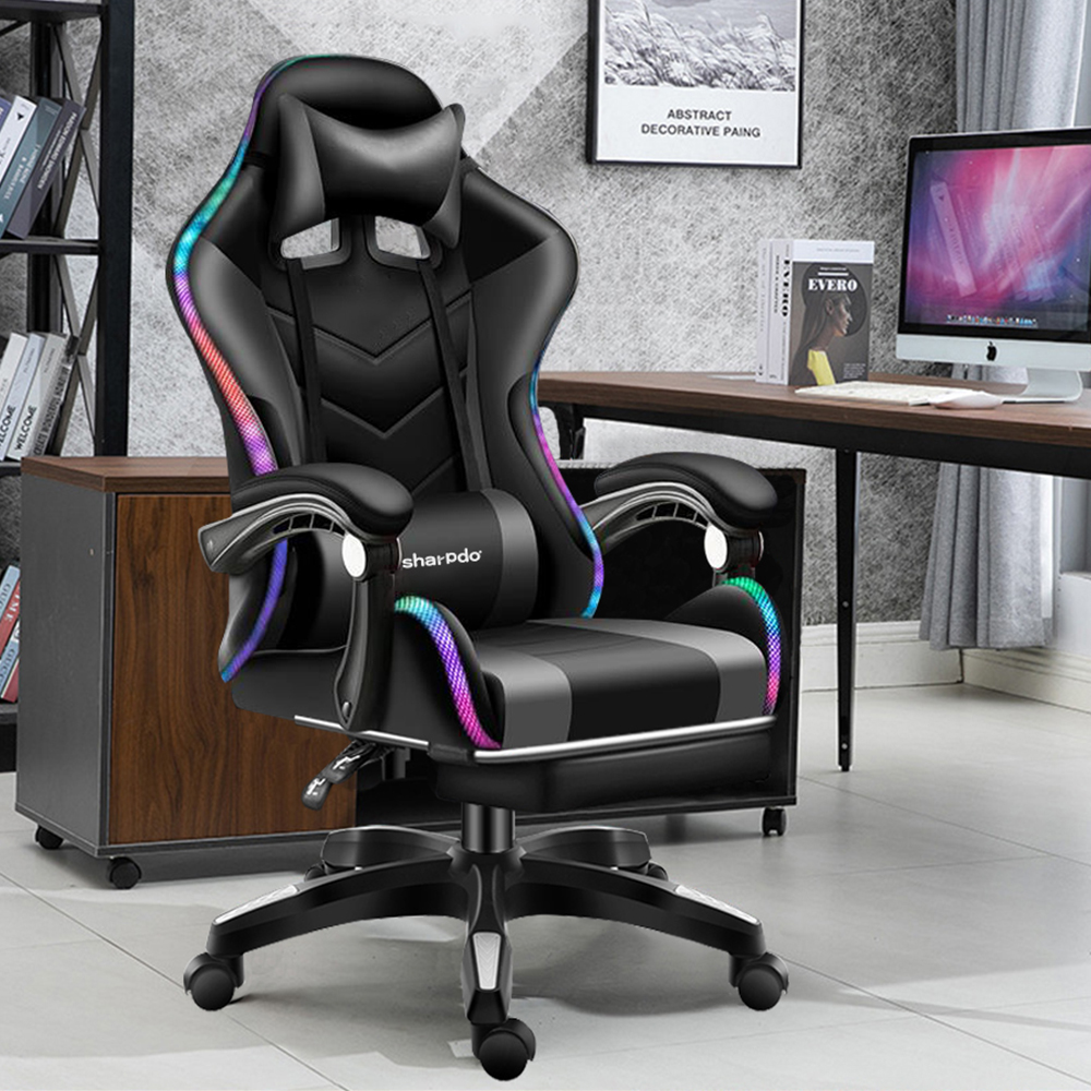Modern and Adjustable Gaming Chair with RGB Light for Home and Office, High Back Computer Leather Chair Ergonomic Swivel Chair with Headrest and Lumbar Support