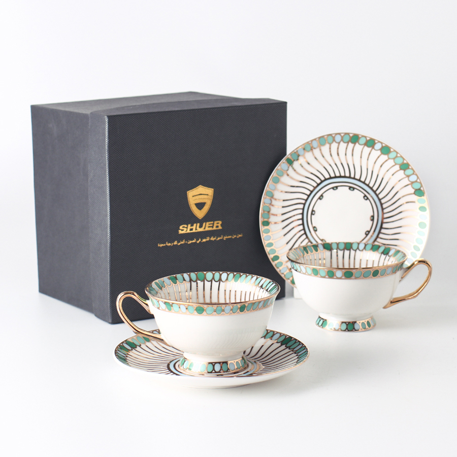 2 Sets Balloon Gold Thread Coffee Cup And Coffee Dish (Gold Handle) 220 mL (5 Colors To Choose From)