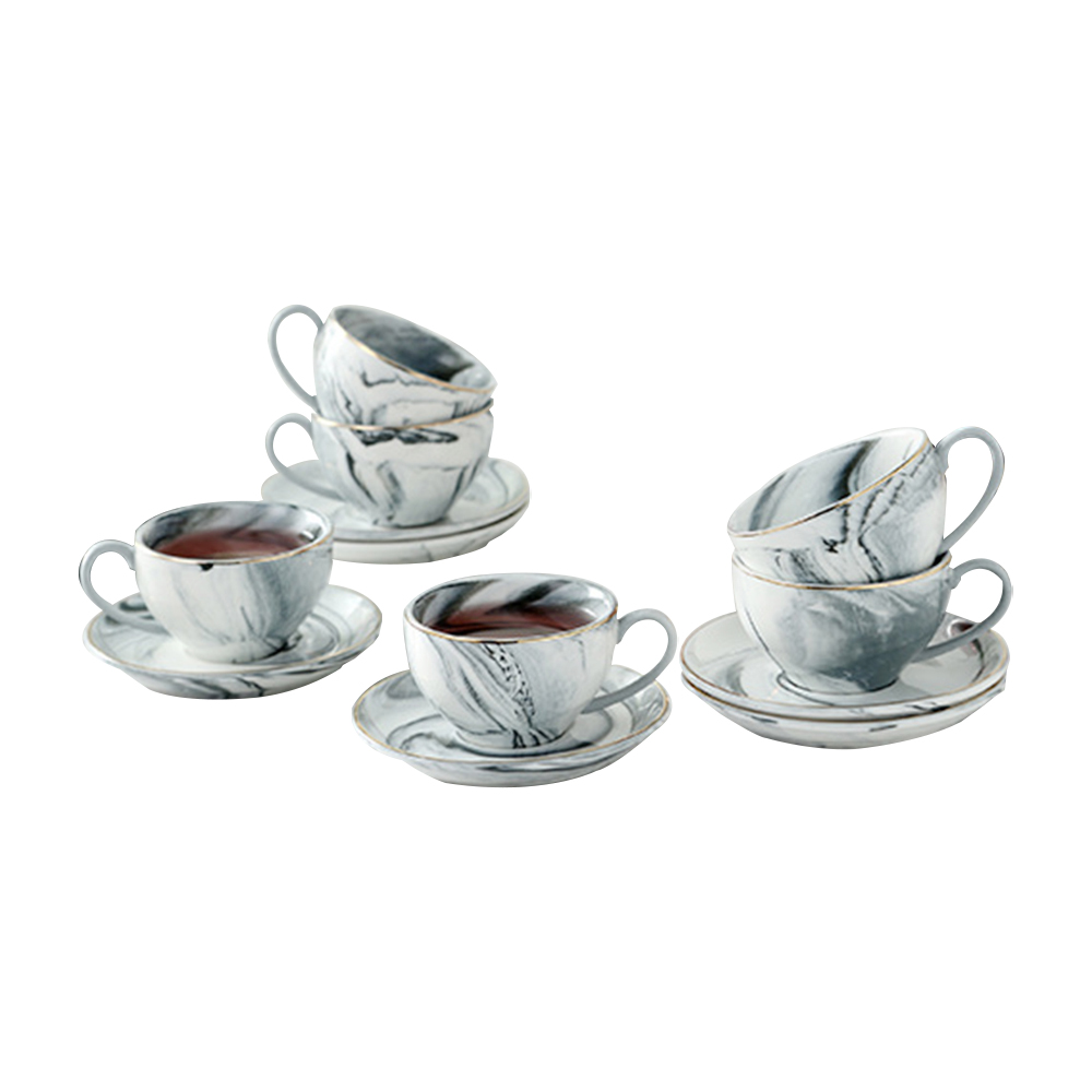 6-Piece Pink Marble Design Coffee Cups And Saucers Set