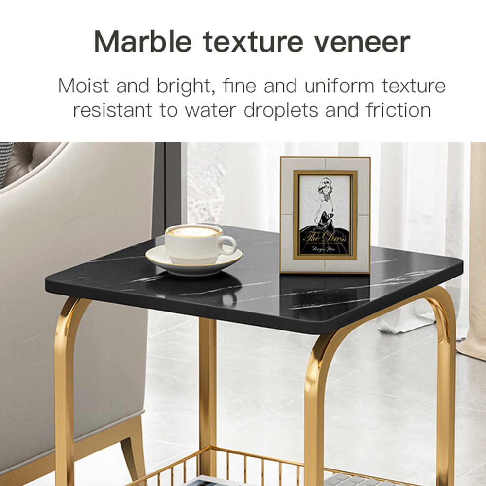 Modern End Table With Storage Basket Sofa Side Table With Marble Design For Living Room