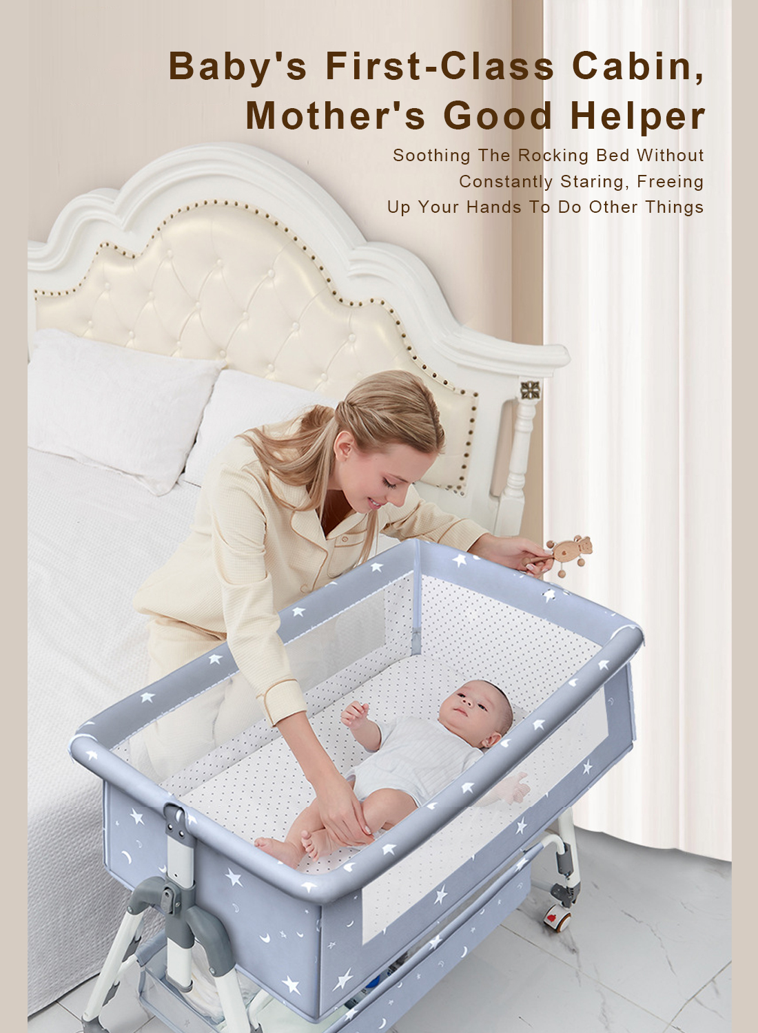 Baby Crib, Newborn Bed Splicing, Large Bed, Baby Rocking Bed, Bb Children's Bed, Rocking Bed, Multifunctional, Movable and Foldable