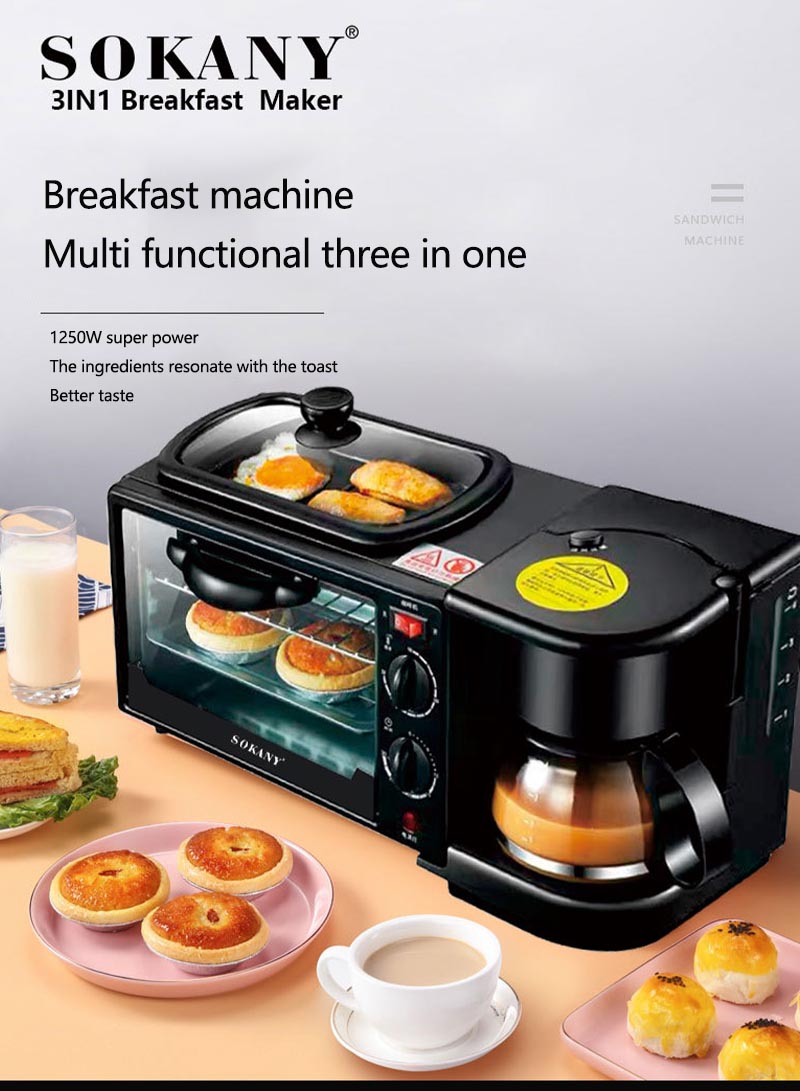 3-in-1 Multifunction Breakfast Maker Coffee Machine Electric Oven 600ml 1250W SK-145 Black