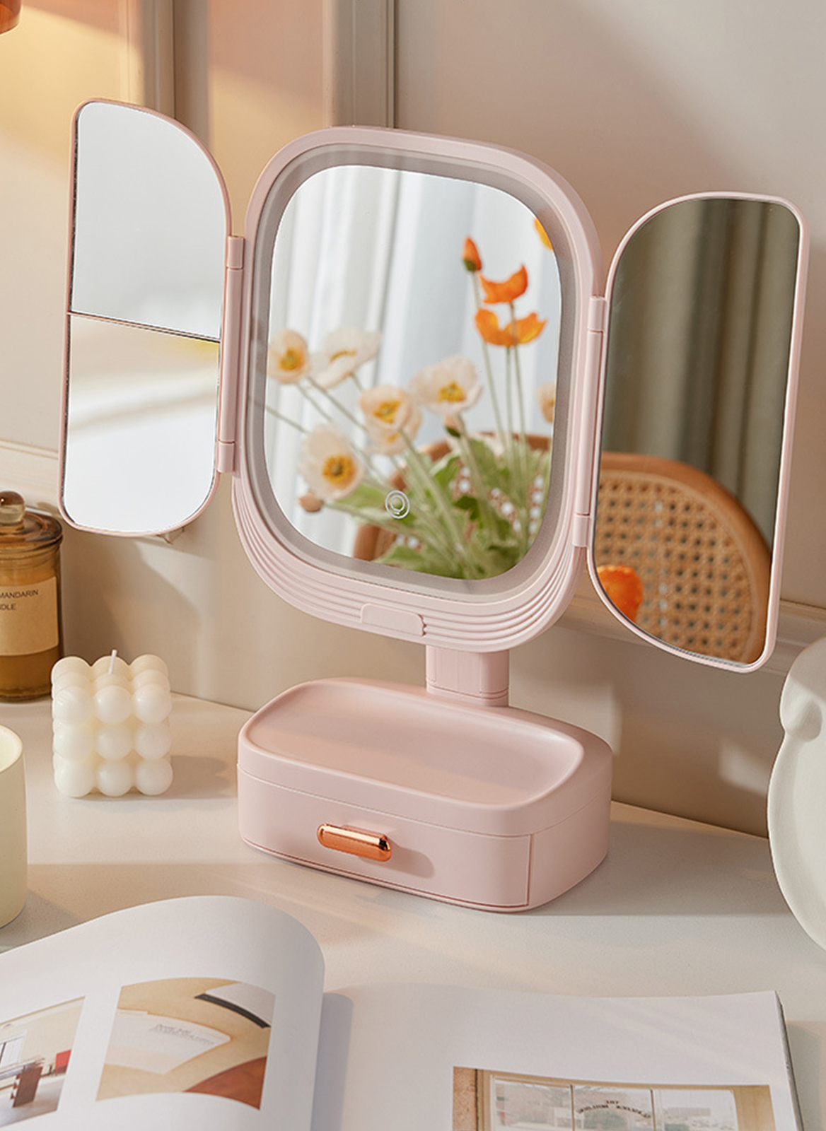 Bedroom Multifunctional Desktop Rotatable LED Beauty Mirror With Storage Box