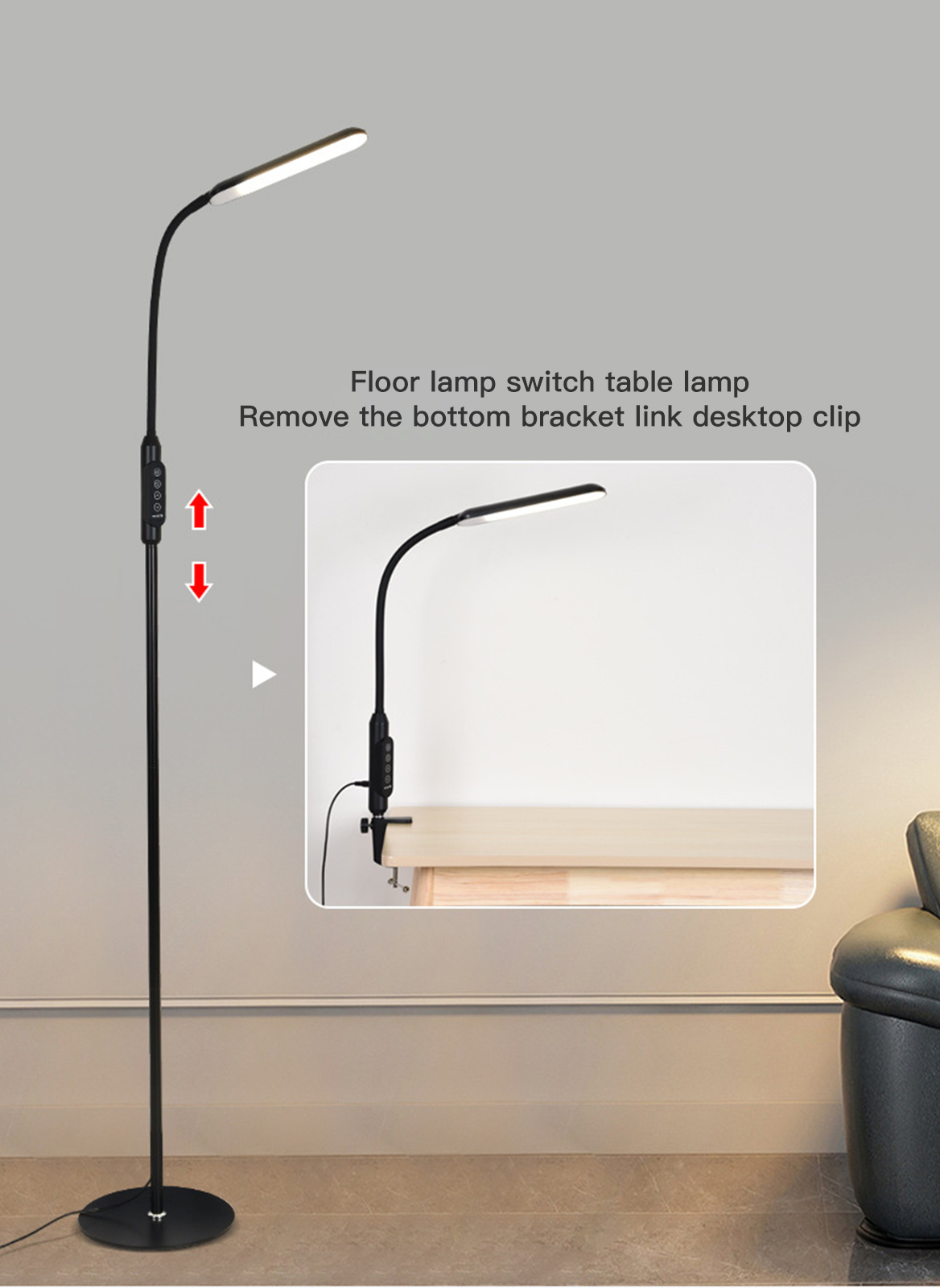 Led Stepless Dimming Vertical Floor Lamp for Living Room and Bedroom, Eye Protection and Table Lamp for Dual Use, Adjustable Color Temperature 12W
