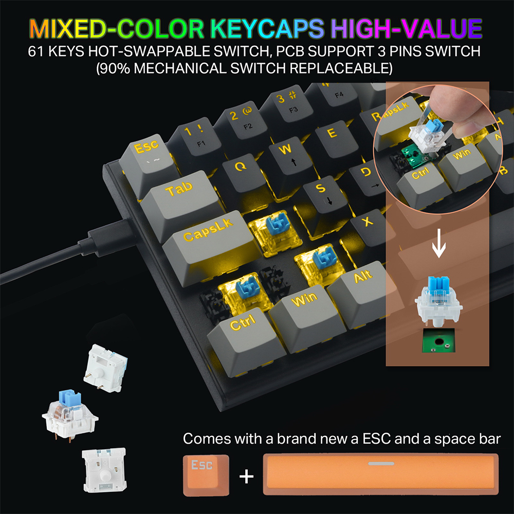 Z11 60% Mechanical Keyboard, Mechanical Gaming Keyboard Wired with Yellow LED Backlit for Windows, Mac OS