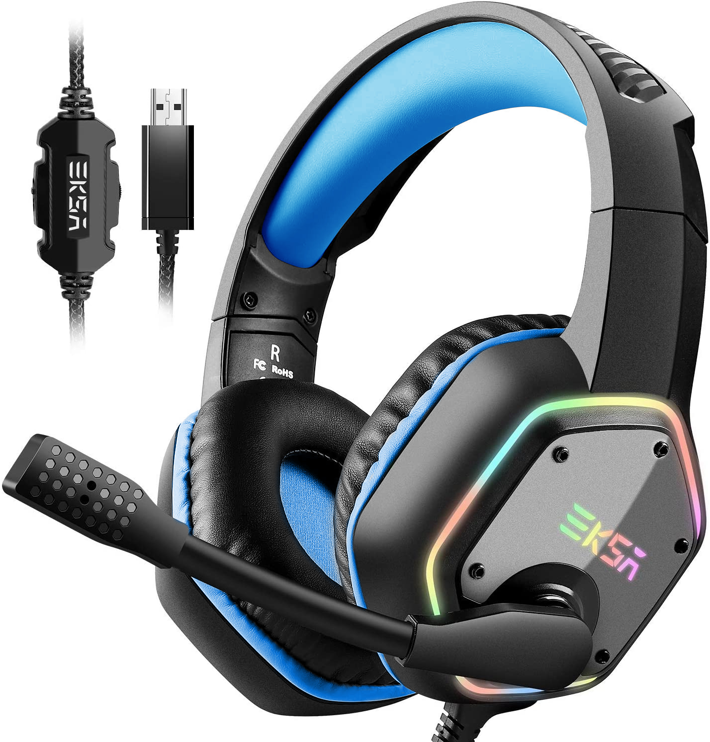 EKSA Gaming Headset PC Headset with 7.1 Surround Sound, Noise Canceling Over Ear USB Wired Headphones with Microphone