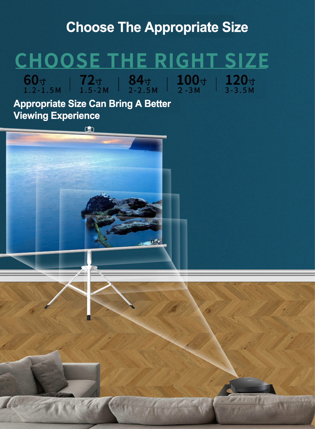 72 inch 16:9 Portable Projector Screen, White Fiberglass Material, 2-in-1 Wall Mount &amp; Tripod Stand ET72W-169 for Outdoor and Indoor
