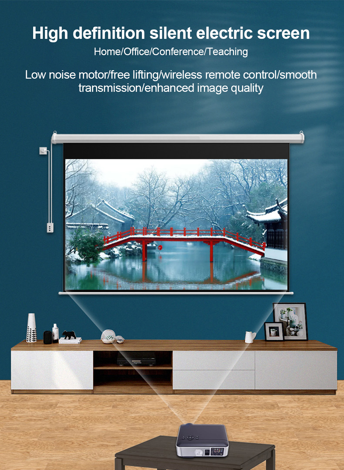 72 Inch 4:3 Wall Mount Electric Projector Screen Motorized Projection Curtain with Remote Control For Business/School/Office/Meeting