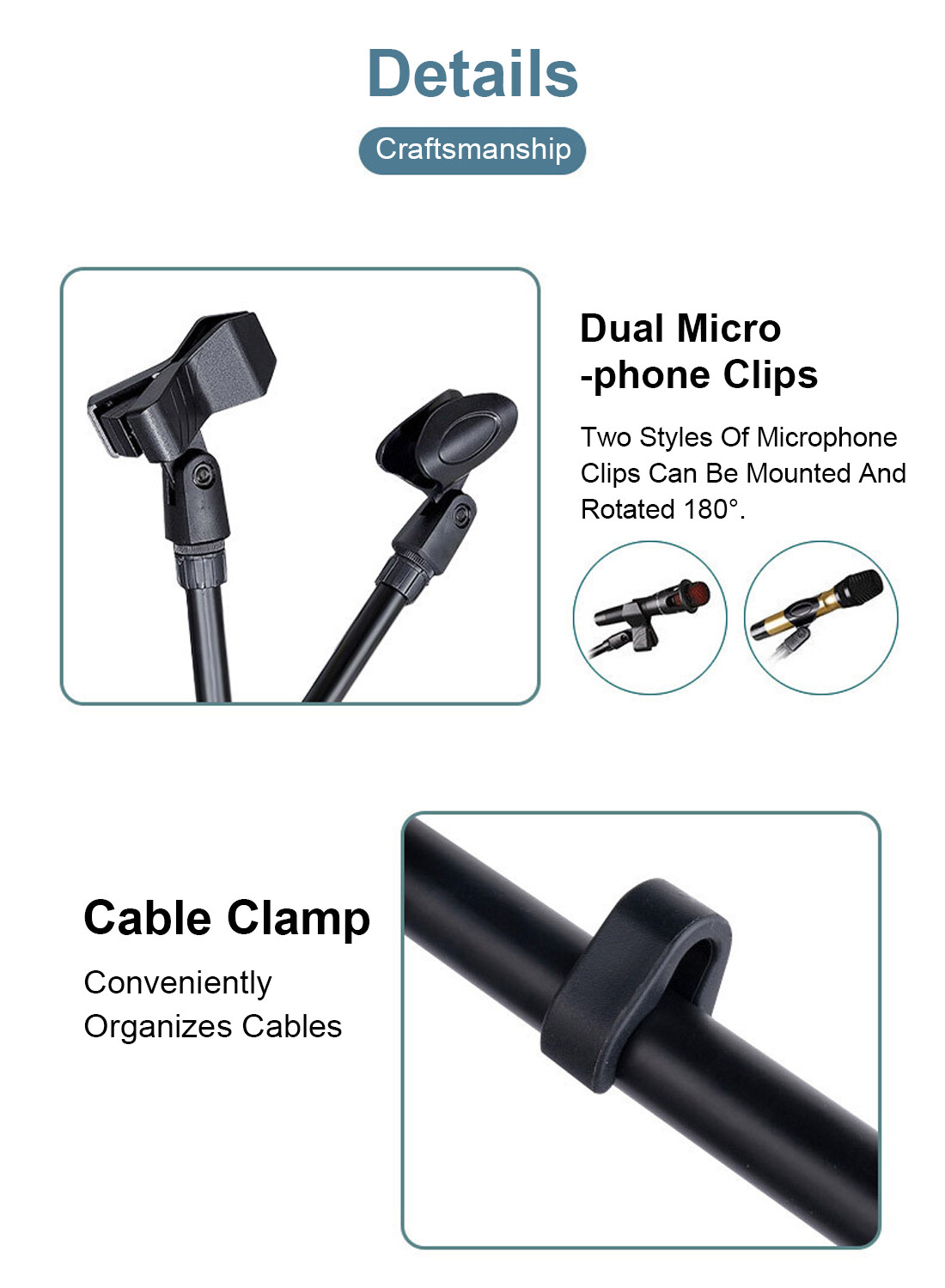 Double Clips Microphone Tripod Floor Stand for Performances, Karaoke, Dancing, and Mobile Live Streaming, 103B Black