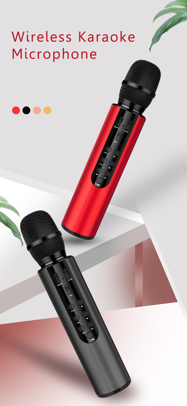 Multifunction Portable 2-in-1 Bluetooth Karaoke Microphone &amp; Speaker, with Vocal Reverb, 2000mAh, K3, Black