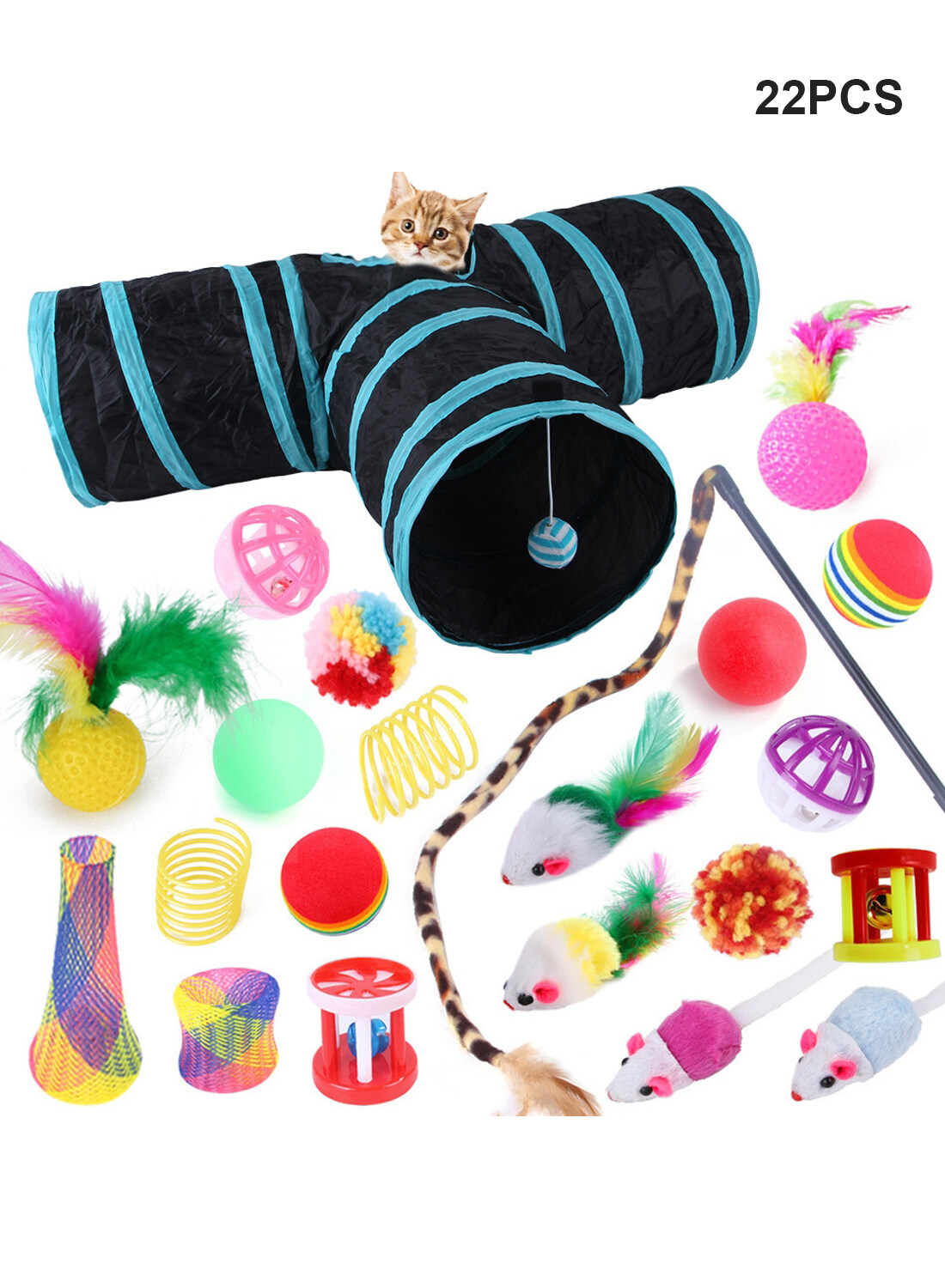 22-Piece Cat Toy Bonanza Collapsible 3-Way Tunnel with Hanging Ball, Feathery Rodent Toys & Assorted Balls