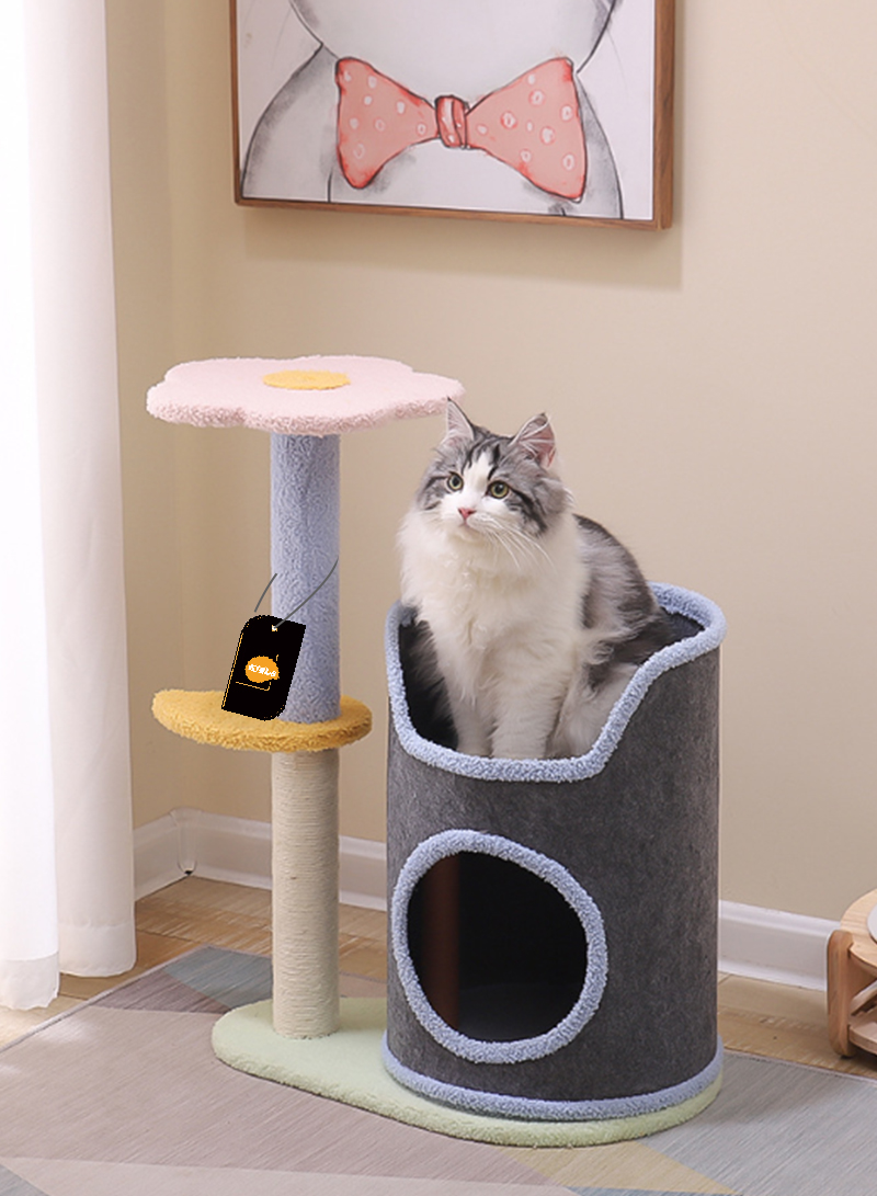 Cat Tower Tube Nest, Scratching Post &amp; Floral Perch Solid Wood &amp; Soft Cotton 50x33x64cm Space-Saving Design for Indoor Cats