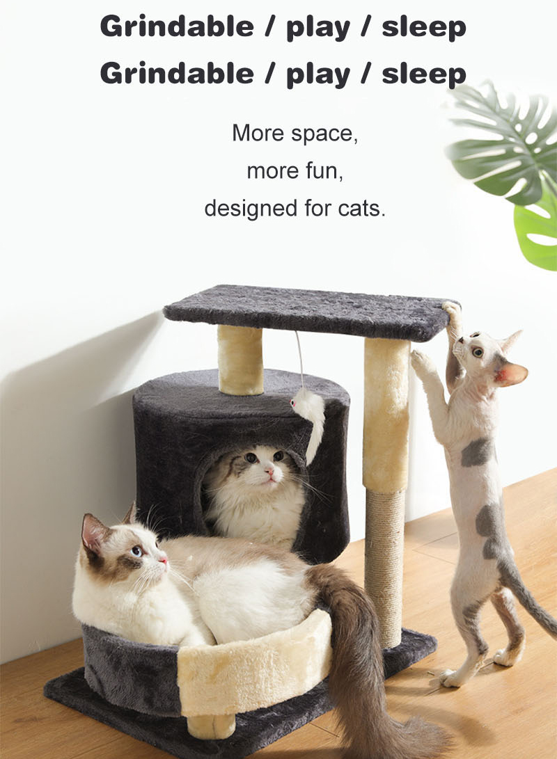 Multi-Functional Mini Cat Tree with Plush Platforms, Thickened Sisal Scratching Column, Hideaway Bed &amp; Attractive Hanging Toy 50x35x54cm