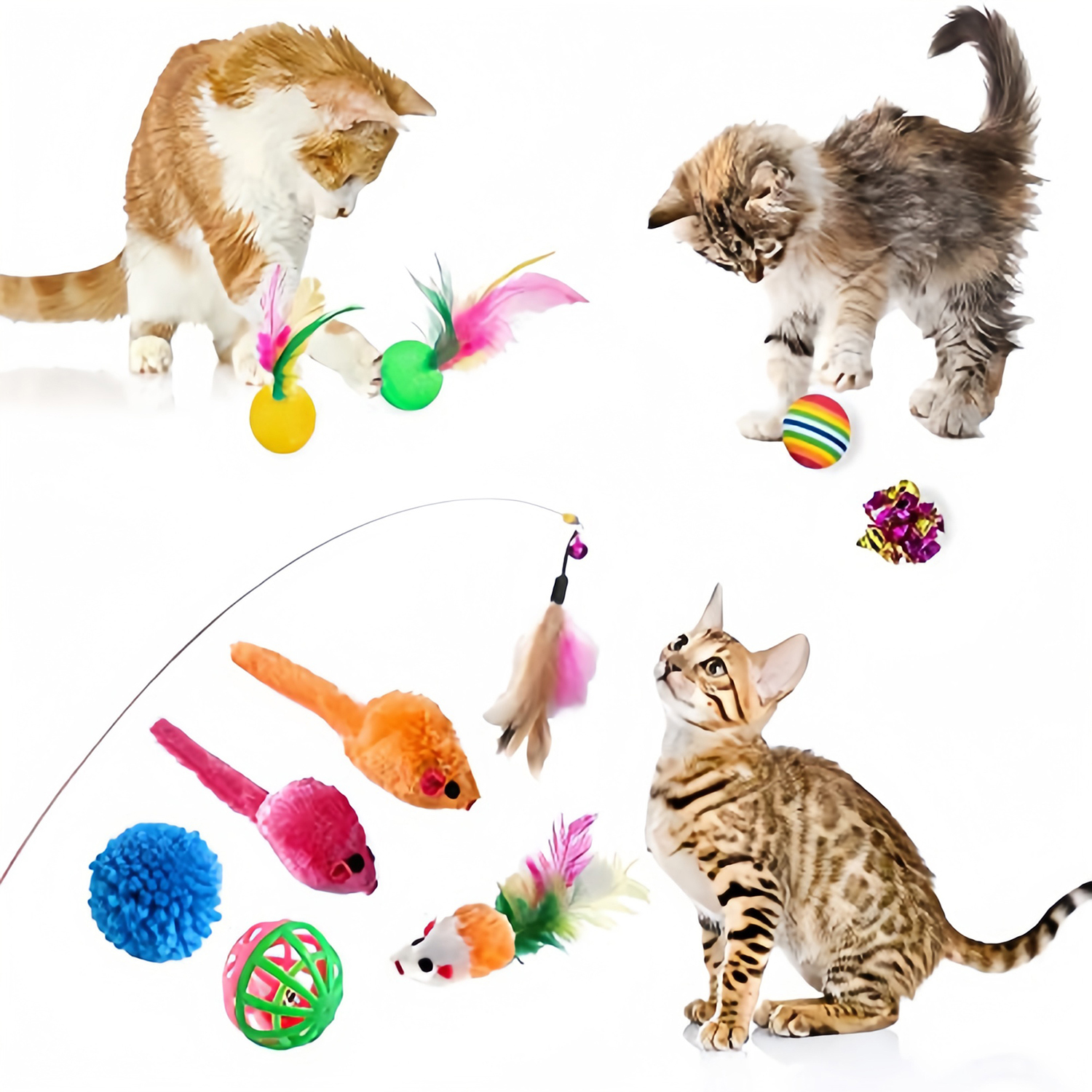 14 PCS Cat Toys for Indoor Cats Kitten Pet Interactive Fun Roller Exerciser Track Toys 3 Level Cat Teaser Ball Toys with 3 Colorful Balls Cat Feather Wand Toys