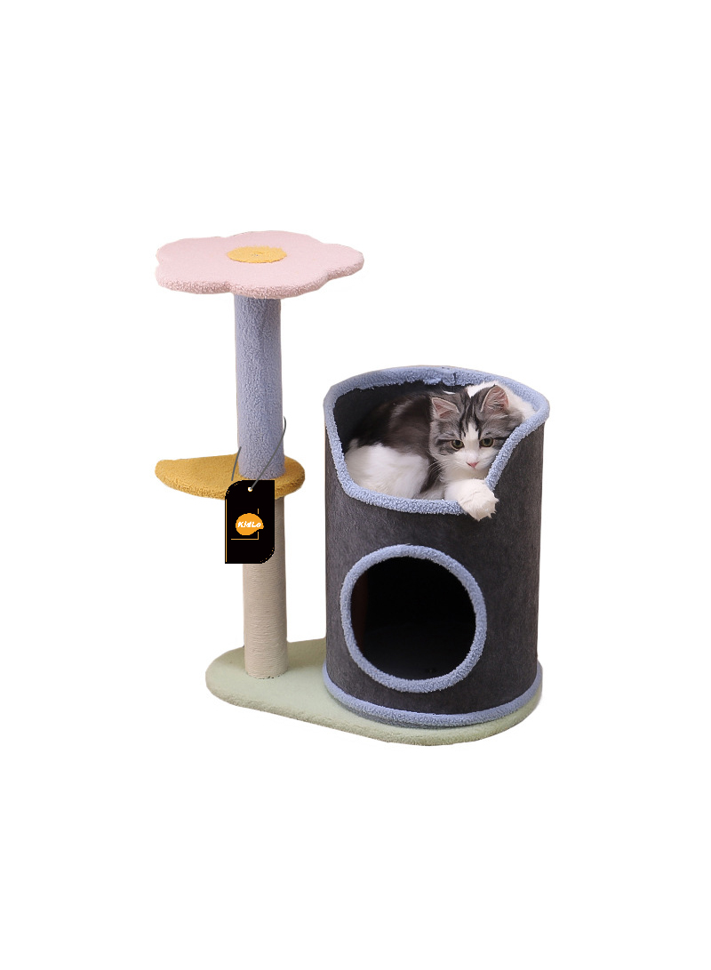 Cat Tower Tube Nest, Scratching Post & Floral Perch Solid Wood & Soft Cotton 50x33x64cm Space-Saving Design for Indoor Cats