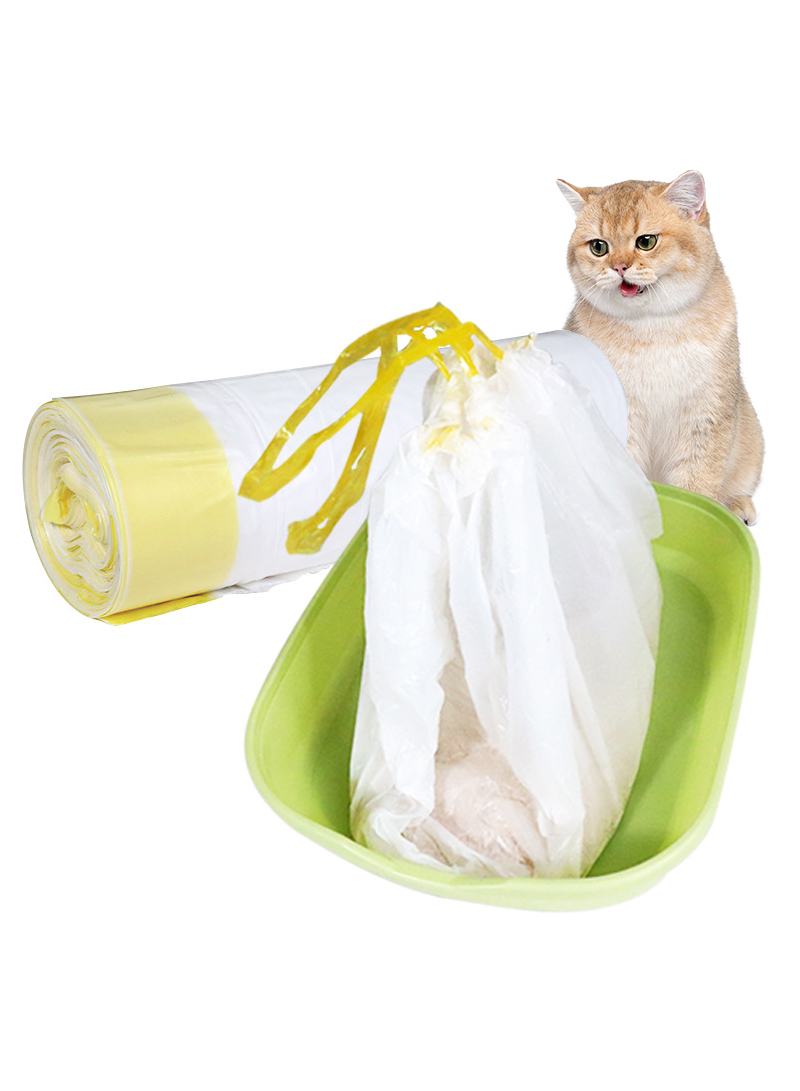 Cat Litter Basin Lined with Garbage Bag with Thickened Drawstring and White Continuous Roll Cat Litter Bag