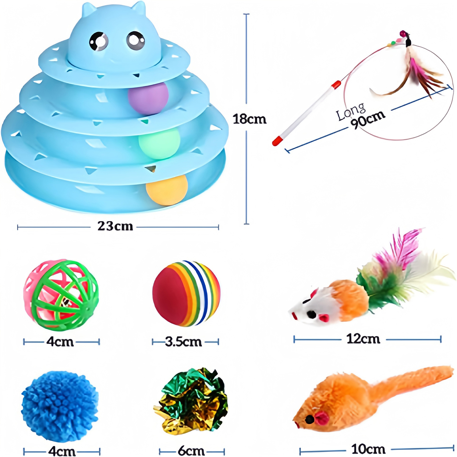 14 PCS Cat Toys for Indoor Cats Kitten Pet Interactive Fun Roller Exerciser Track Toys 3 Level Cat Teaser Ball Toys with 3 Colorful Balls Cat Feather Wand Toys
