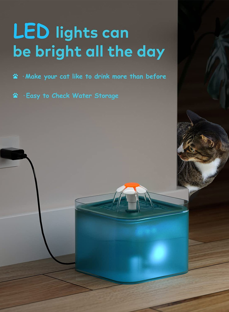 Cat Water Fountain, Ultra Silent Cat Fountain 67oz/2L, with LED Light, Activated Carbon Filter, Pet Water Fountain for Cats and Small Dogs 16*16*12.6cm