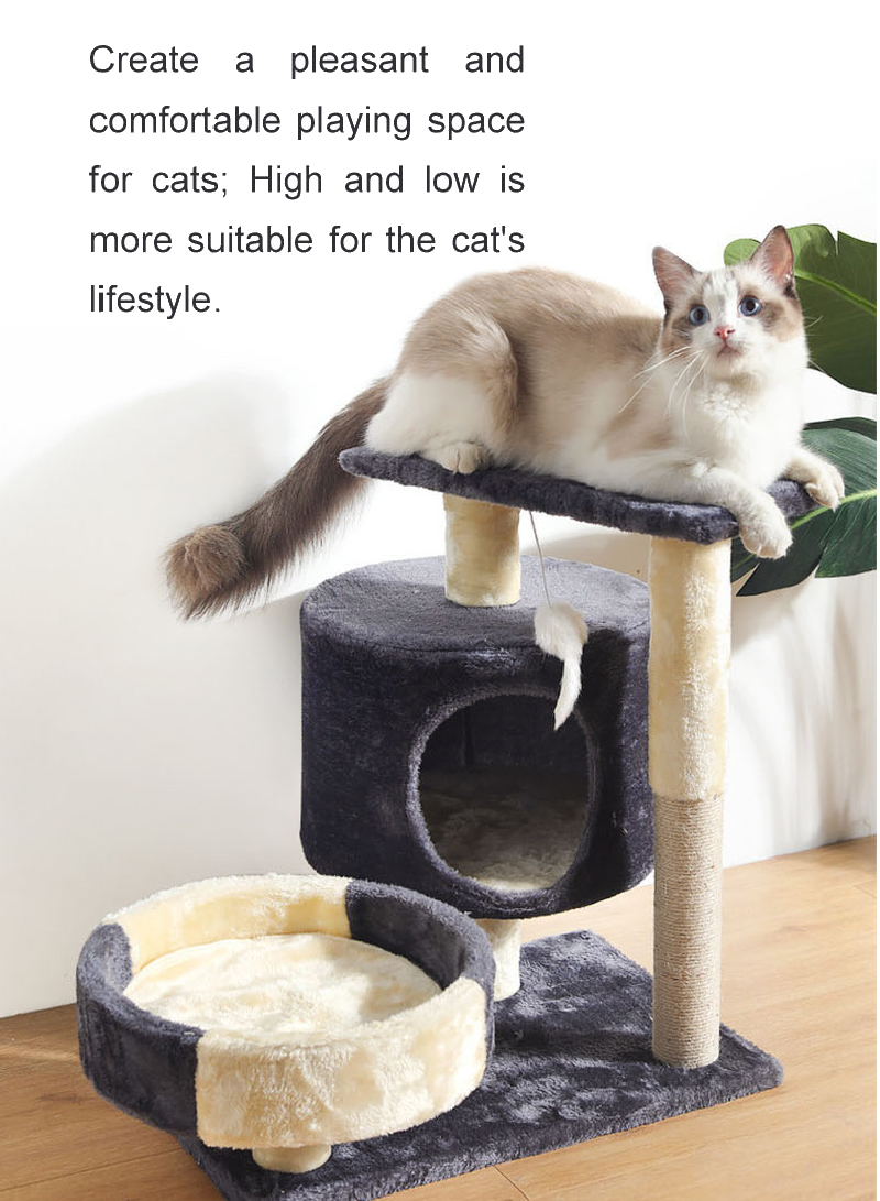 Multi-Functional Mini Cat Tree with Plush Platforms, Thickened Sisal Scratching Column, Hideaway Bed &amp; Attractive Hanging Toy 50x35x54cm