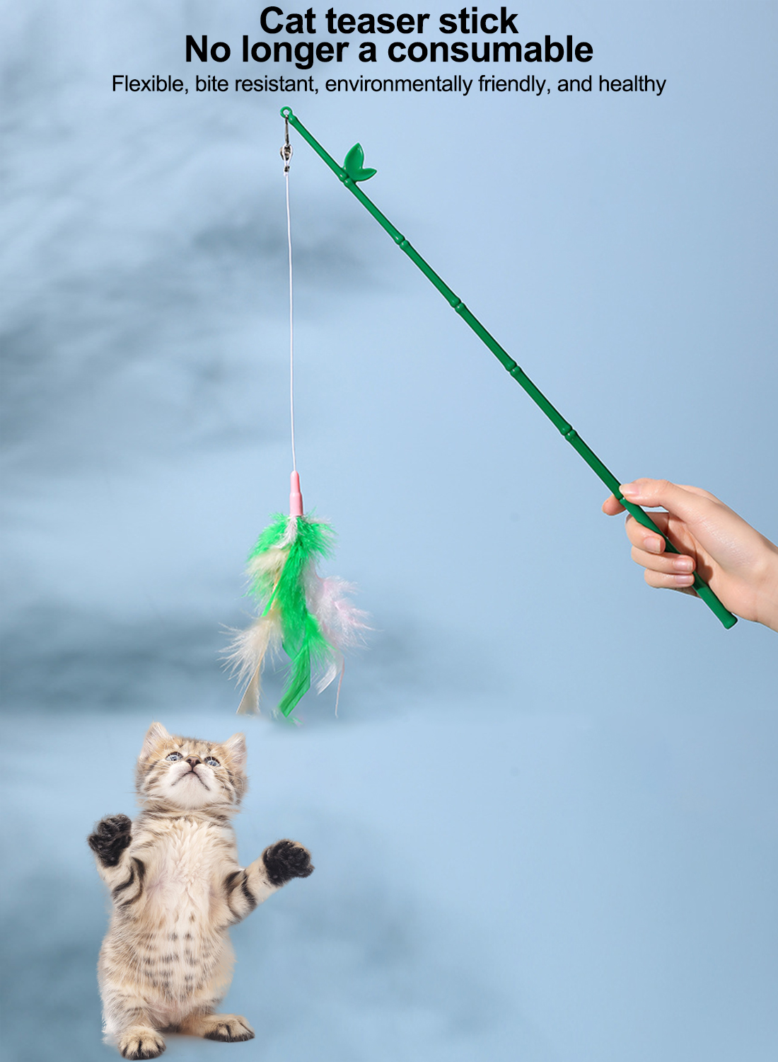 New Bamboo Teasing Stick Bite Resistant Feather Teaser Replaceable Head Cat Toys Cat Teasing Stick