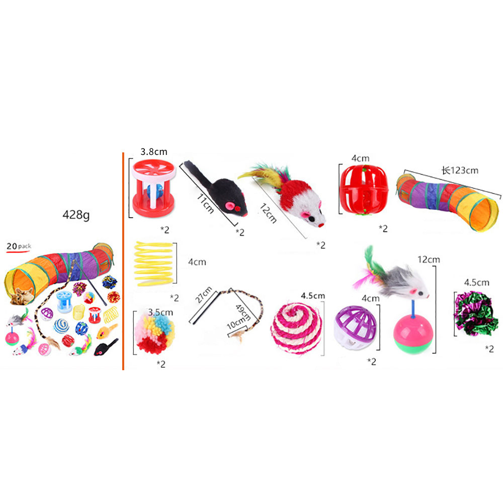 20 PCS Cat Toys for Indoor Cats Kitten, Pet Interactive Rainbow Channel Exerciser Track Toys Cat Teaser Ball Toys with Colorful Balls, Cat Feathe，Cat Stick，Mice Toys，Ring Toys