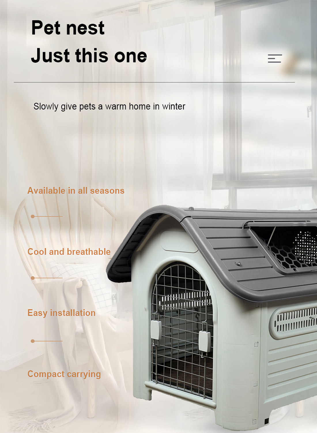 Rainproof Dog Kennel Large ,4 Seasons Universal, Dual Door, Washable,Ventilated Design, Leak-proof Base, Outdoor/Indoor Use,87x72x75cm