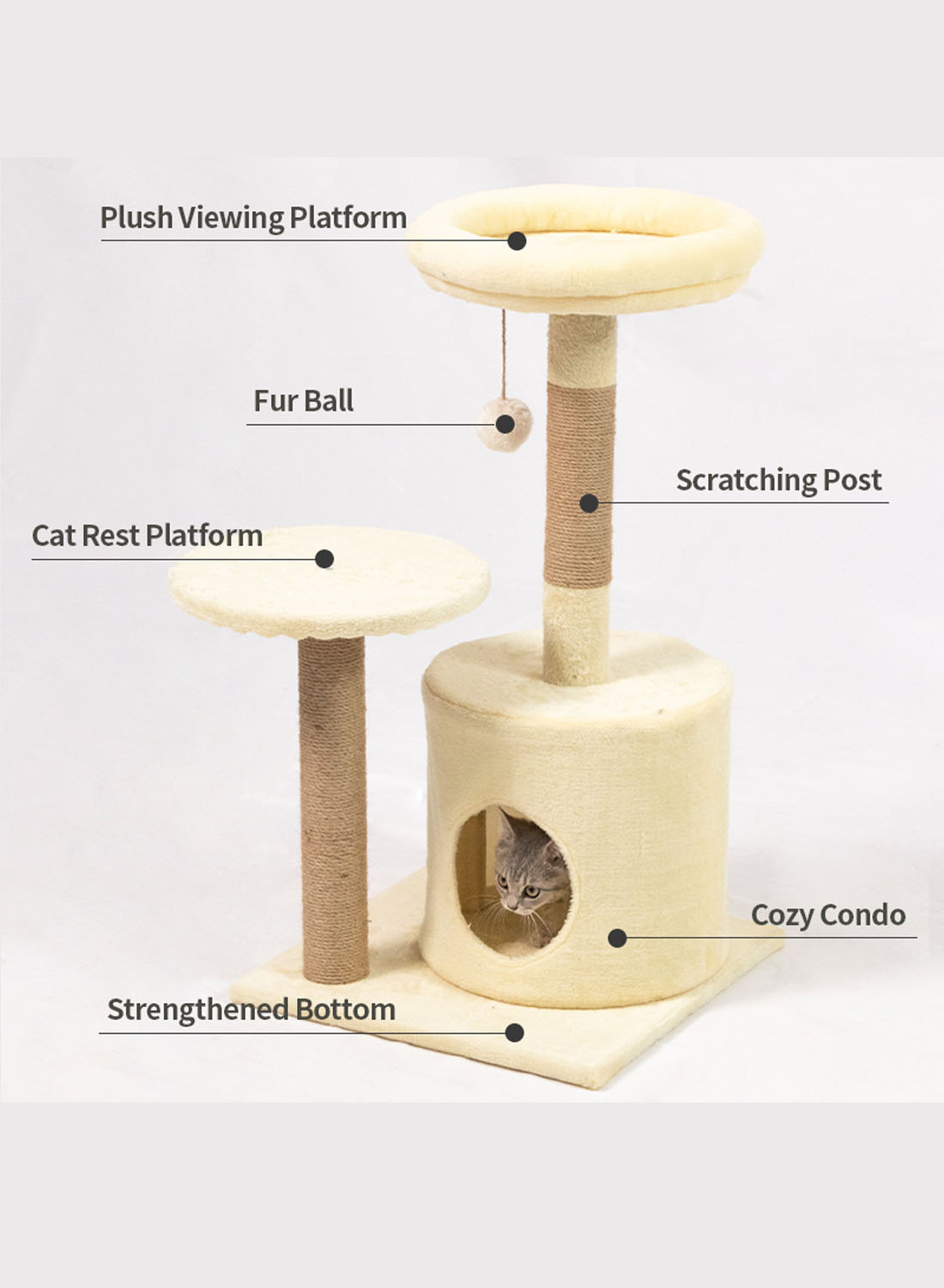 Cat Tree 30 Inches Cat Tower with Sisal Covered Scratching Post, Cozy Condo, Plush Perches and Fluffy Balls for Indoor Cats