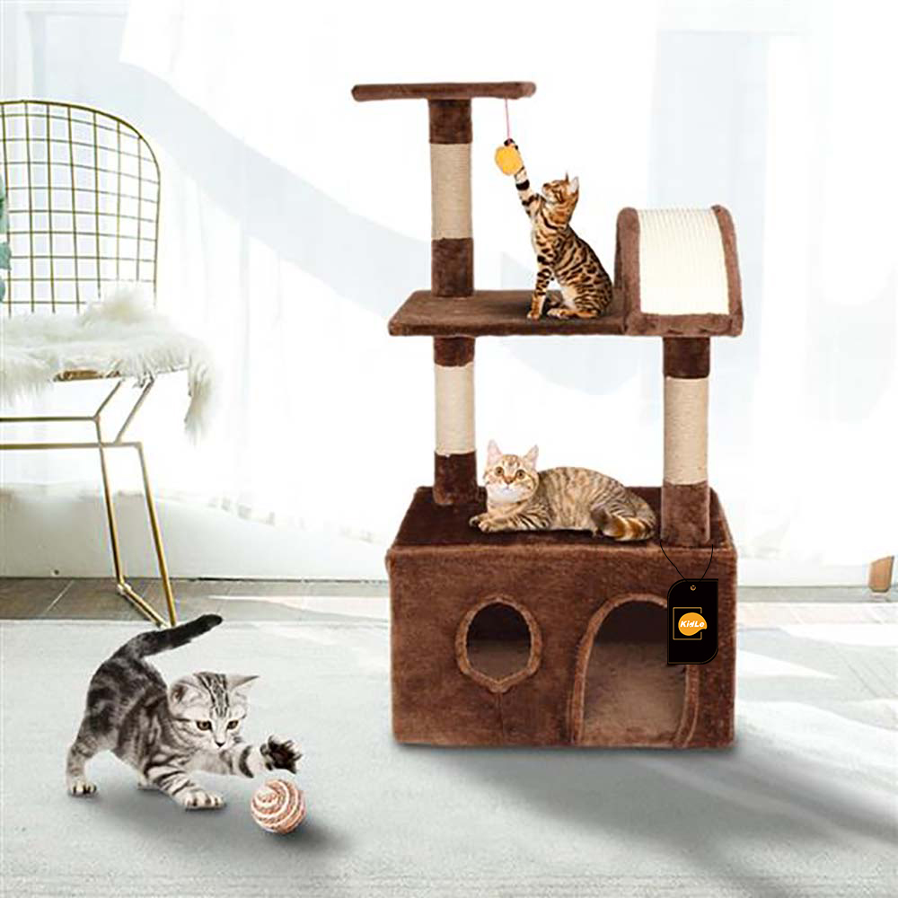 Versatile Brown Cat Tower with Hideaway Cabin &amp; Textured Scratching Posts - Size 51x31x98cm