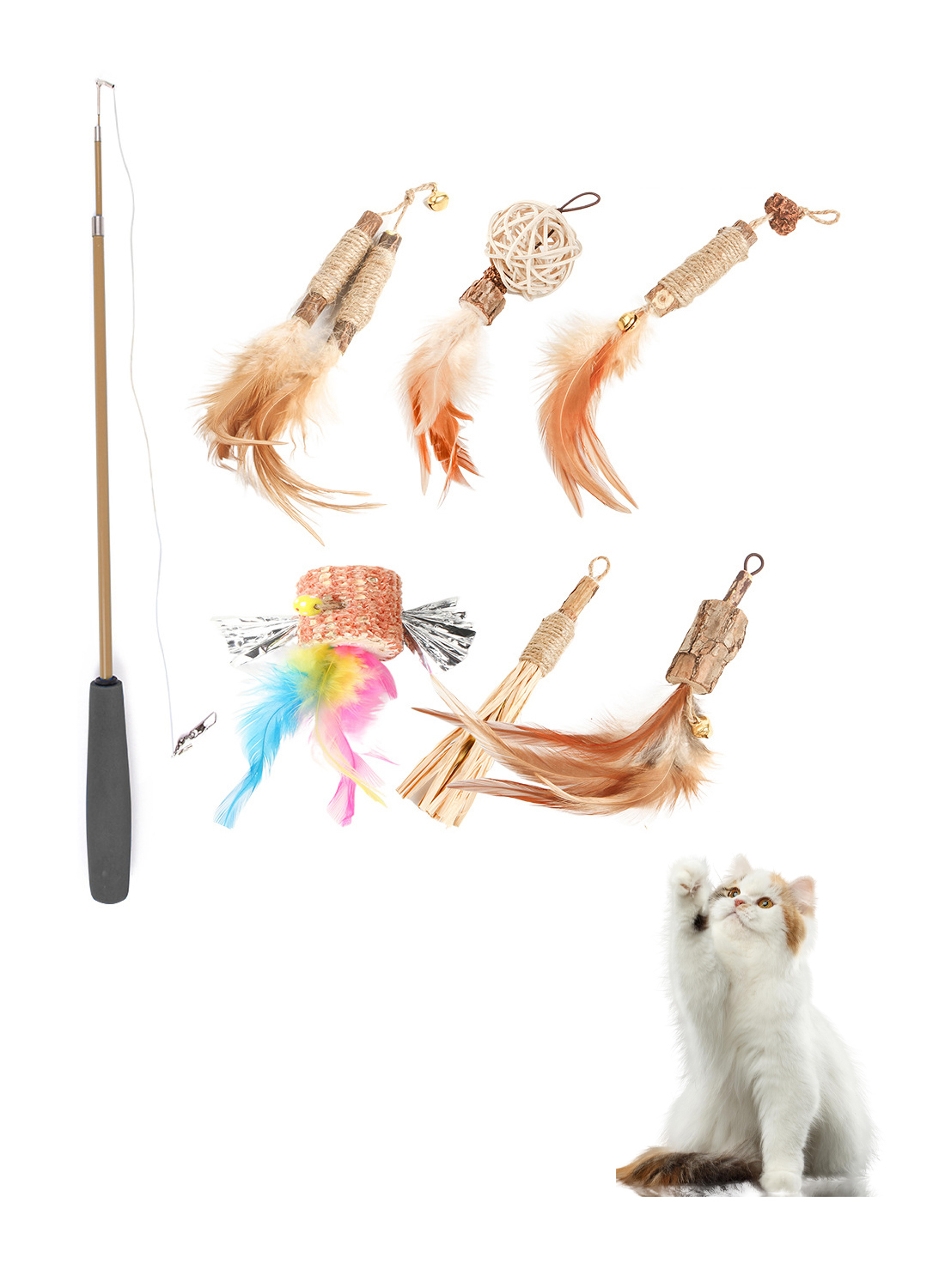 Pet Cat Toys Combo Set of 7 Tease cat stick Mutenyon feather replacement head variety of combination set