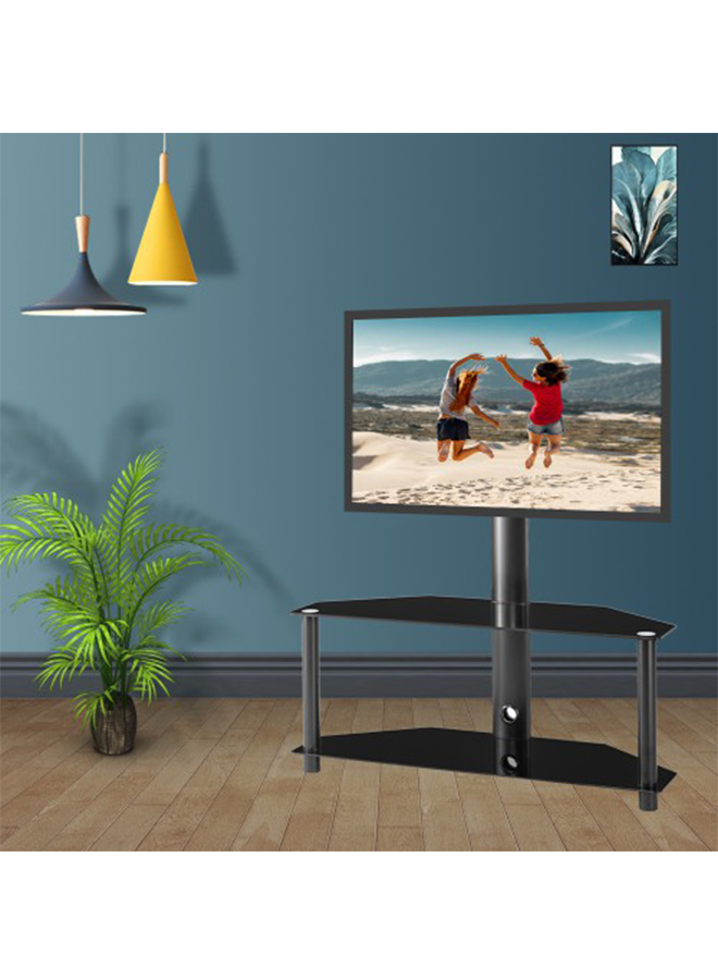 Swivel Universal TV Floor Stand with 2 Tier Storage Tempered Glass Shelves and Height Adjustable TV Stand for 32-55 inch Screen TVs