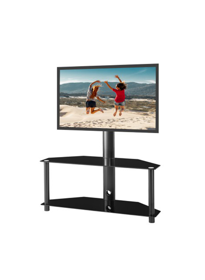 Swivel Universal TV Floor Stand with 2 Tier Storage Tempered Glass Shelves and Height Adjustable TV Stand for 32-55 inch Screen TVs