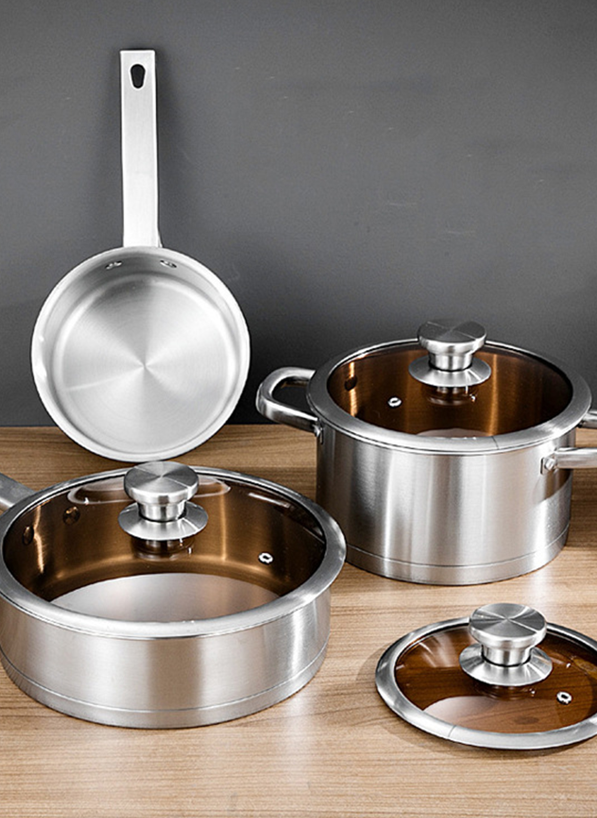 3-Piece Stainless Steel Thickened Pot Set, 18cm Soup Pot, 22cm Milk Pot, 26cm Frying Pan