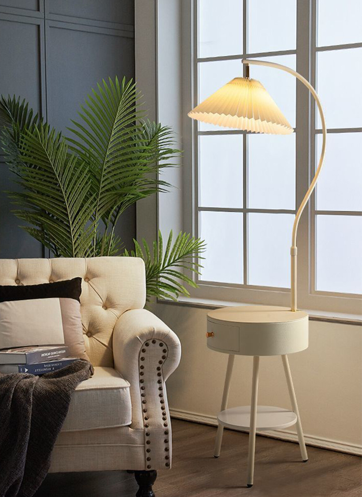 3-Color Light LED Cream Style Pleated Shade Floor Lamp with White Drawer, Height Adjustable