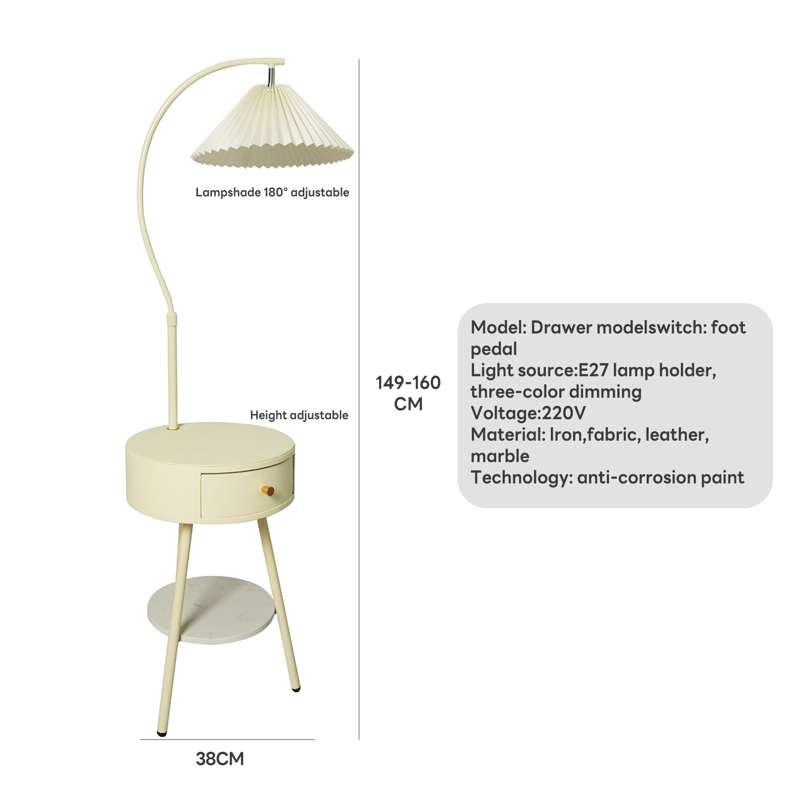 3-Color Light LED Cream Style Pleated Shade Floor Lamp with White Drawer, Height Adjustable
