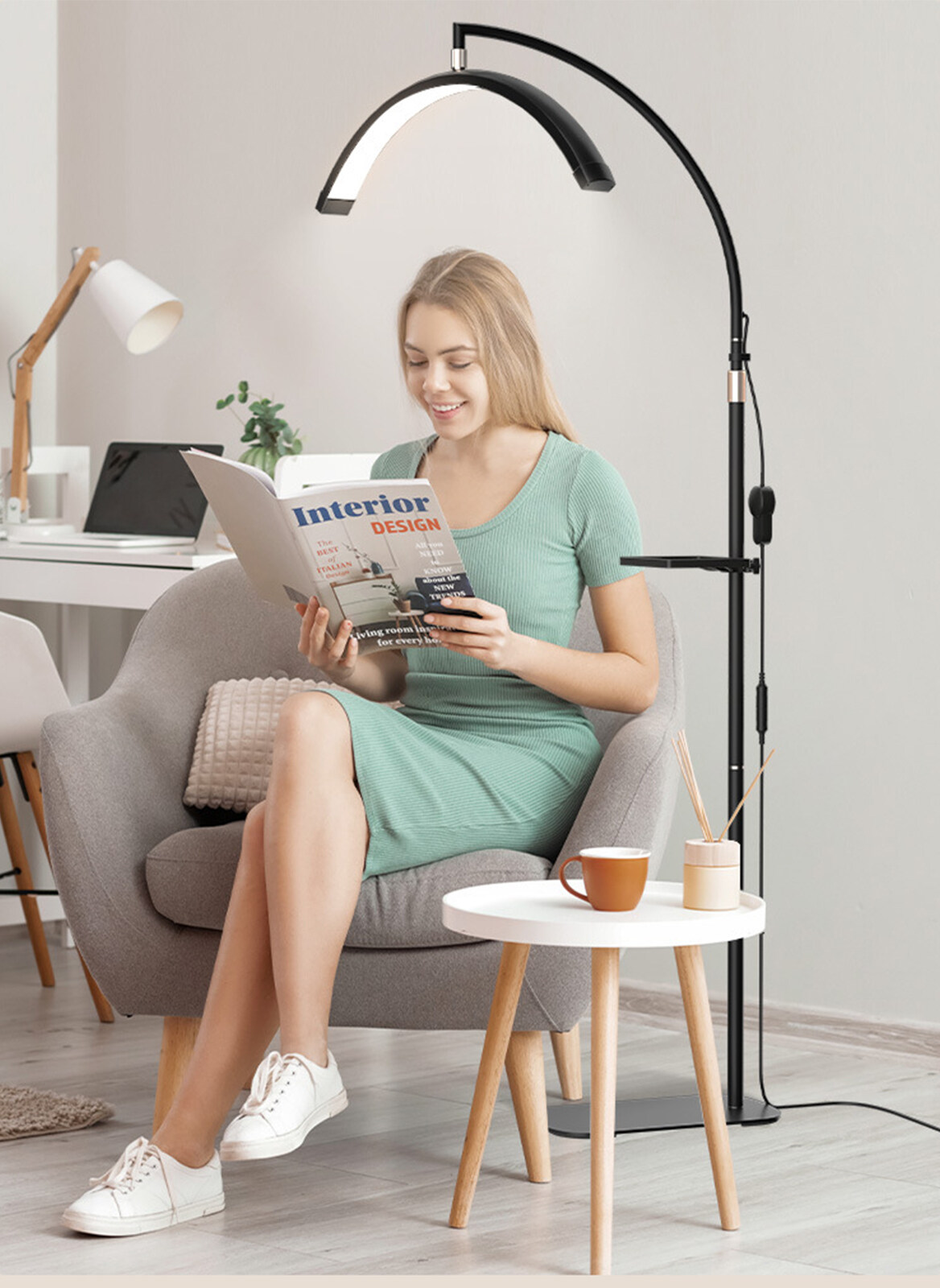 LED 3-Color Light Eye Protection Floor Beauty Lamp with Storage Tray, Height Adjustable Floor Lamp 50W