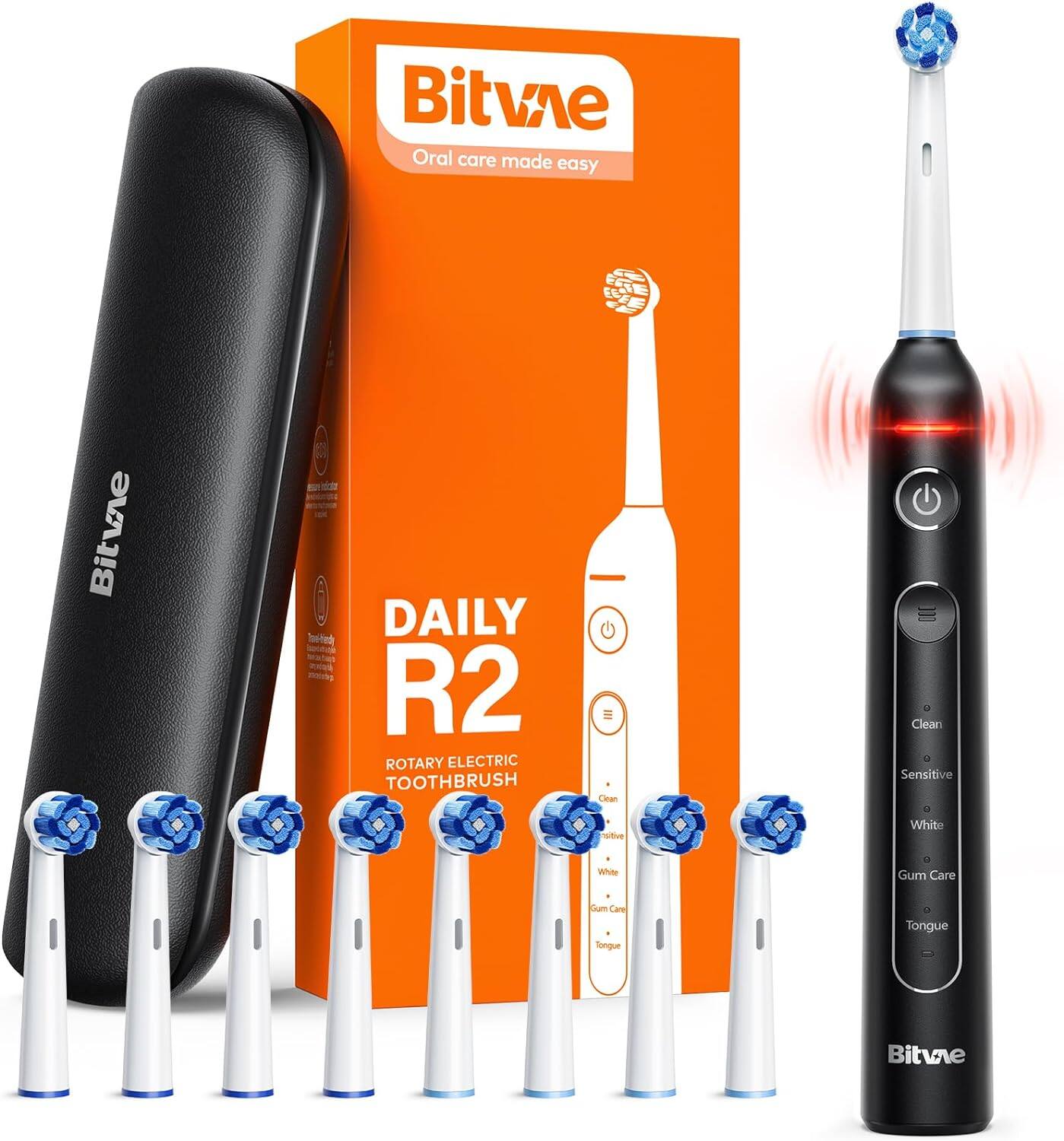 Rotating Electric Toothbrush for Adults with 8 Brush Heads, Travel Case, 5 Modes Rechargeable,  Black