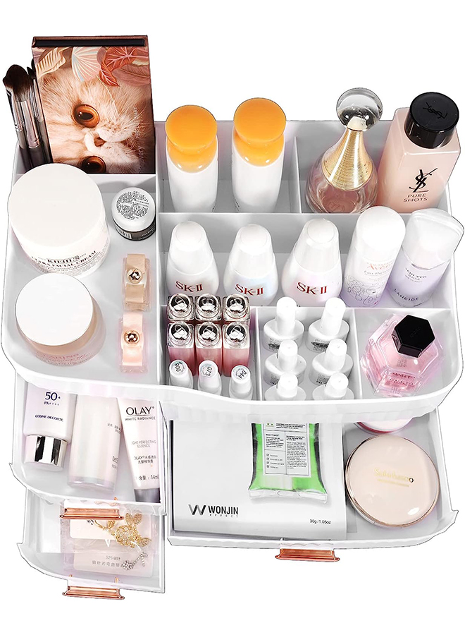 Makeup Organizer for Vanity, Large Cosmetic Organizer Countertop, Makeup Organizer with Drawers for Vanity, Lipstick, Brushes, Lotions and Jewelry Bathroom Counter or Dresser for Cosmetics-White