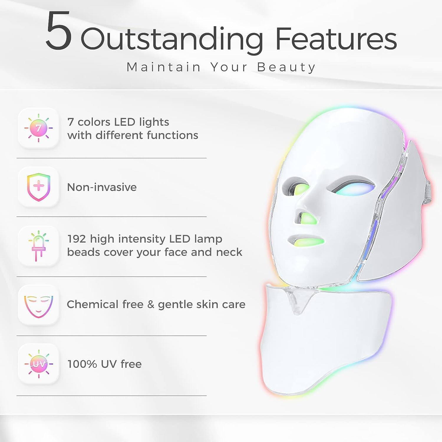 Led Face Mask Light Therapy 7 Color Facial Mask Blue Red for Face Acne Reduction Skin Care Mask