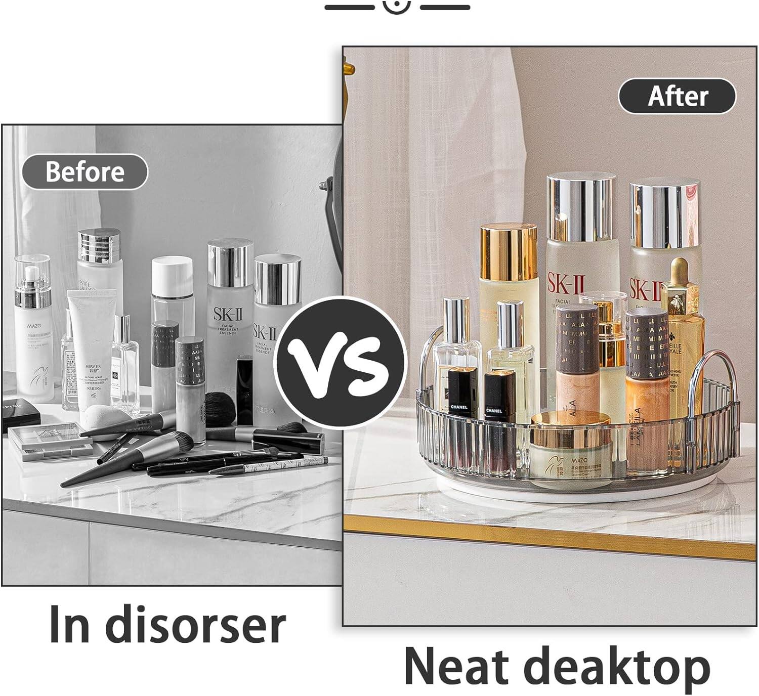 Rotating Makeup Organizer for Vanity, High-Capacity Skincare Clear Make Up Storage Perfume Organizers Cosmetic Dresser Organizer Countertop 360 Spinning（1 Tier-Grey）