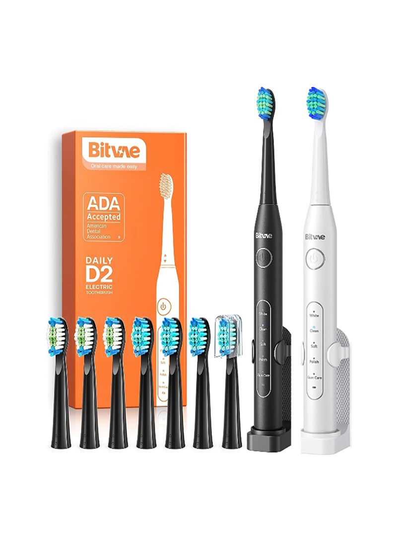 Bitvae Electric Toothbrushes 2 Pack Sonic Toothbrush with Holders, Dual Ultrasonic Electronic Toothbrush 8 Brush Heads 5 Modes, Rechargeable Power Toothbrush for 30 Days Using, Black & White