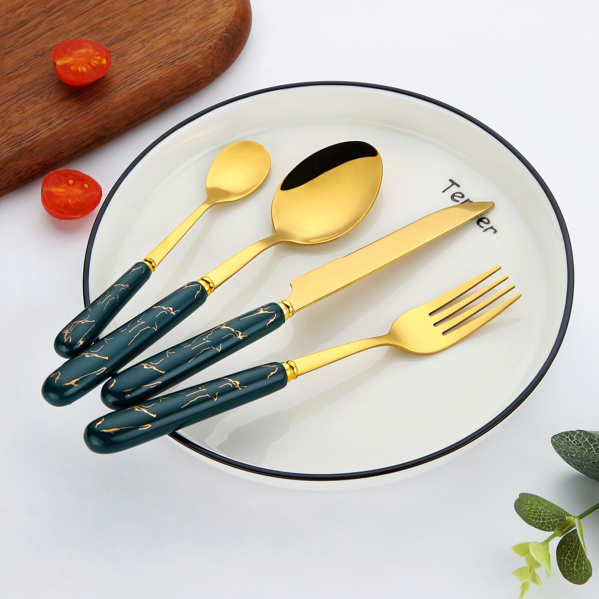 24-Piece Stainless Steel Cutlery Set With Stand Green/Gold