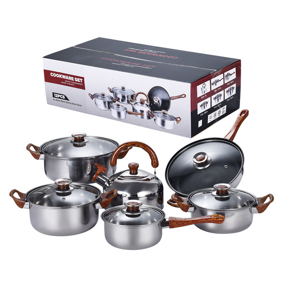 Wood grain handle 12 piece set, thickened stainless steel set, kettle, milk pot, soup pot, pan
