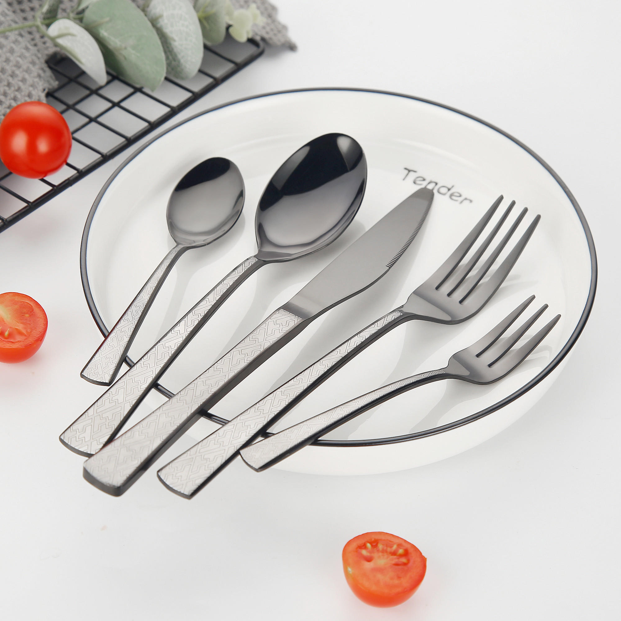 SUNHOME 30-Piece Stainless Steel Cutlery Set Black