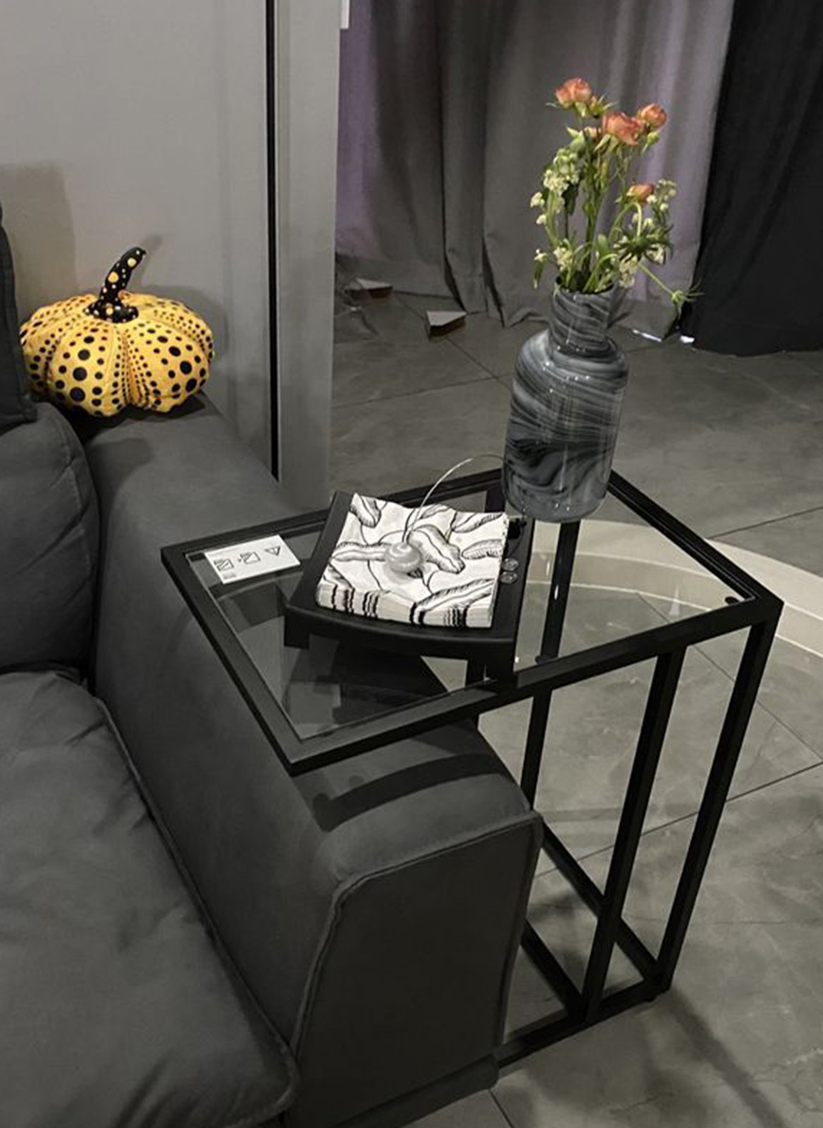 Ins Style Small Apartment Transparent Tempered Glass Coffee Table, Sofa Metal Side Table 35*55*65cm