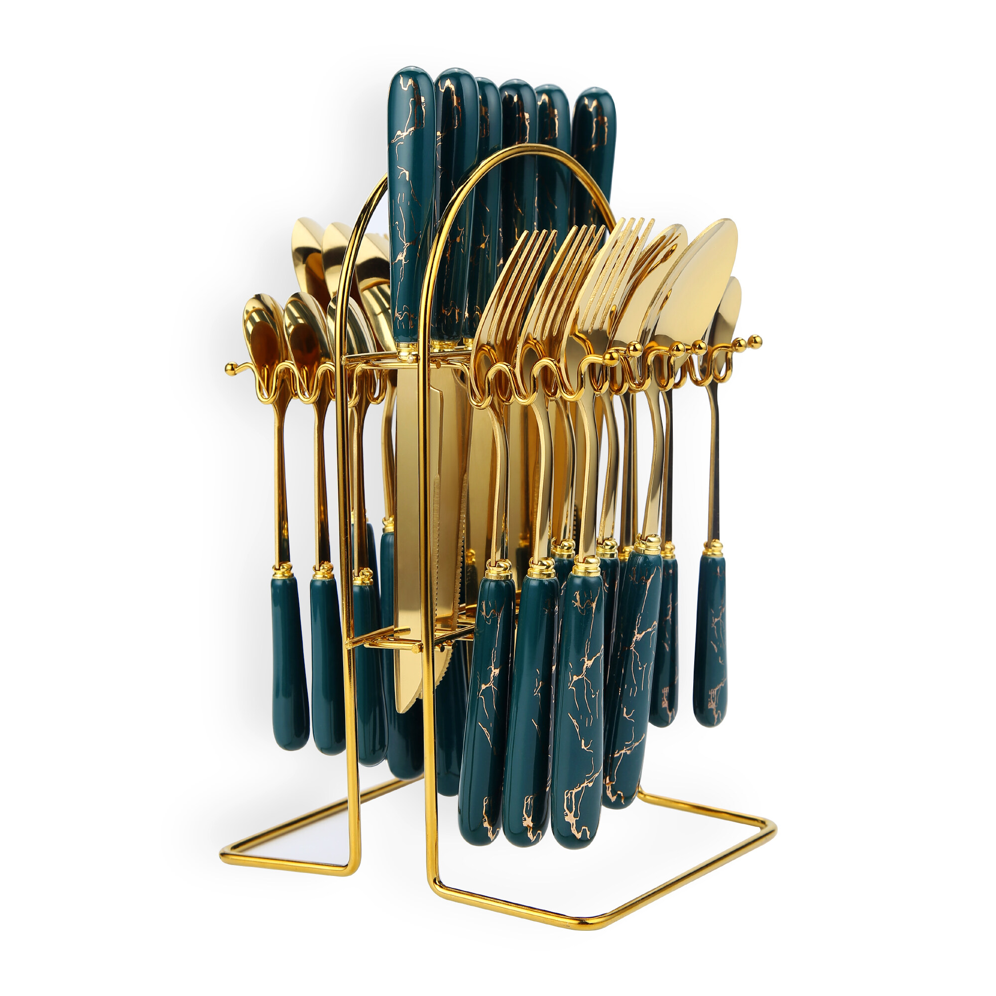24-Piece Stainless Steel Cutlery Set With Stand Green/Gold