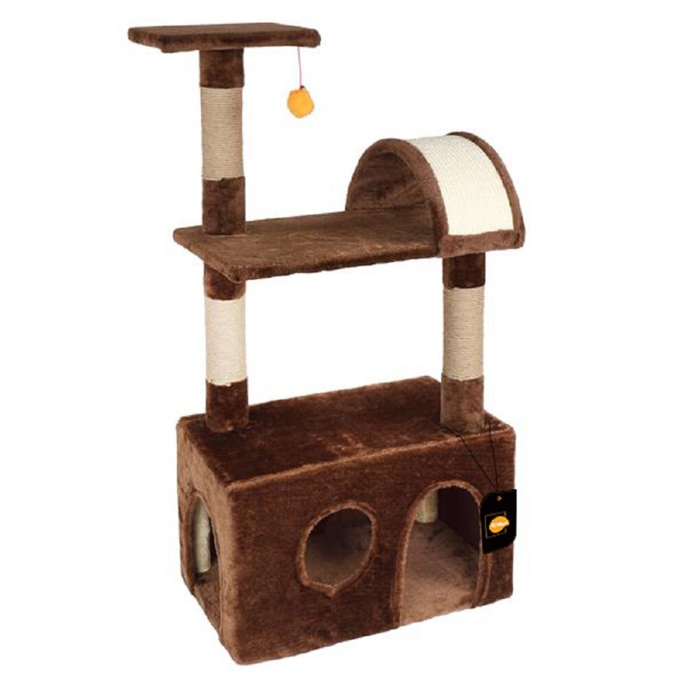Versatile Brown Cat Tower with Hideaway Cabin & Textured Scratching Posts - Size 51x31x98cm
